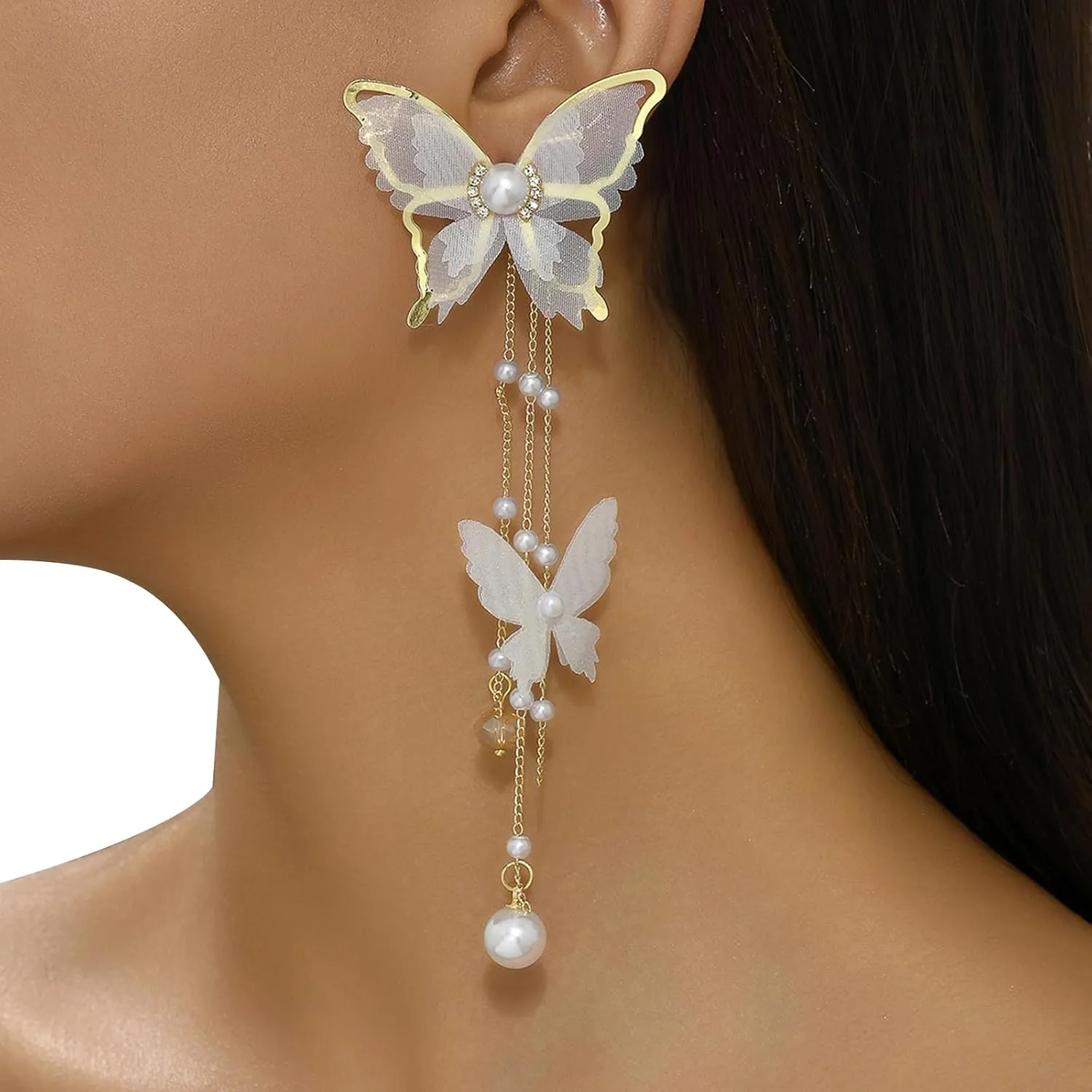 Bridal Wedding Rhinestone Pearl Tassel Earrings for Women Vintage Pearl Stud Earrings Sexy Butterfly Dangle Earrings Boho Statement Piercing Earrings Jewelry