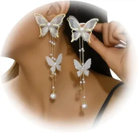 Bridal Wedding Rhinestone Pearl Tassel Earrings for Women Vintage Pearl Stud Earrings Sexy Butterfly Dangle Earrings Boho Statement Piercing Earrings Jewelry