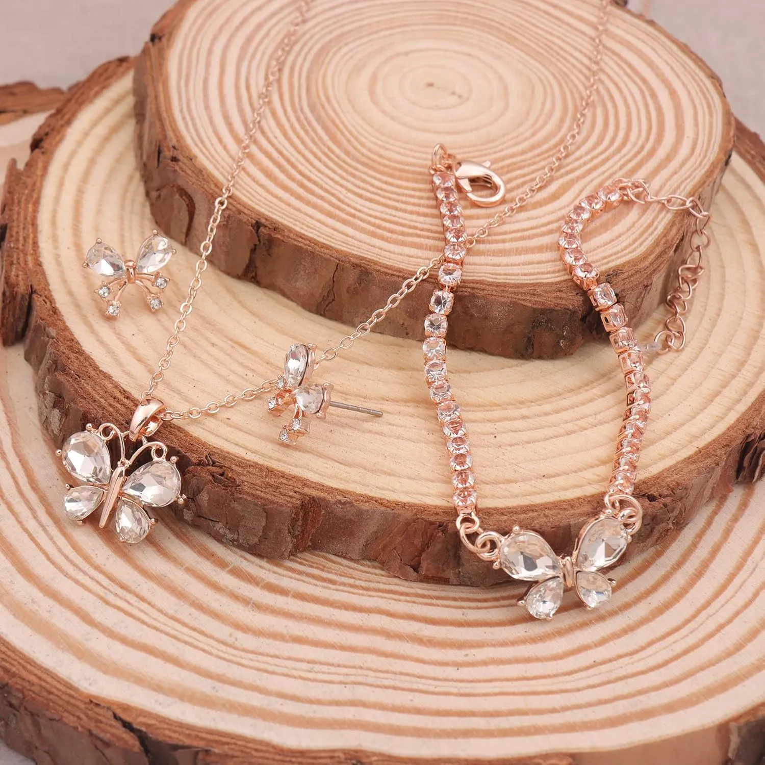Bridesmaid Jewelry Set for Women 18K Gold & Silver & Rose Gold Plated Butterfly Pendant Necklace Earrings Bracelet Set,Bridesmaid Gift for Wedding/Proposal/Party/Anniversary