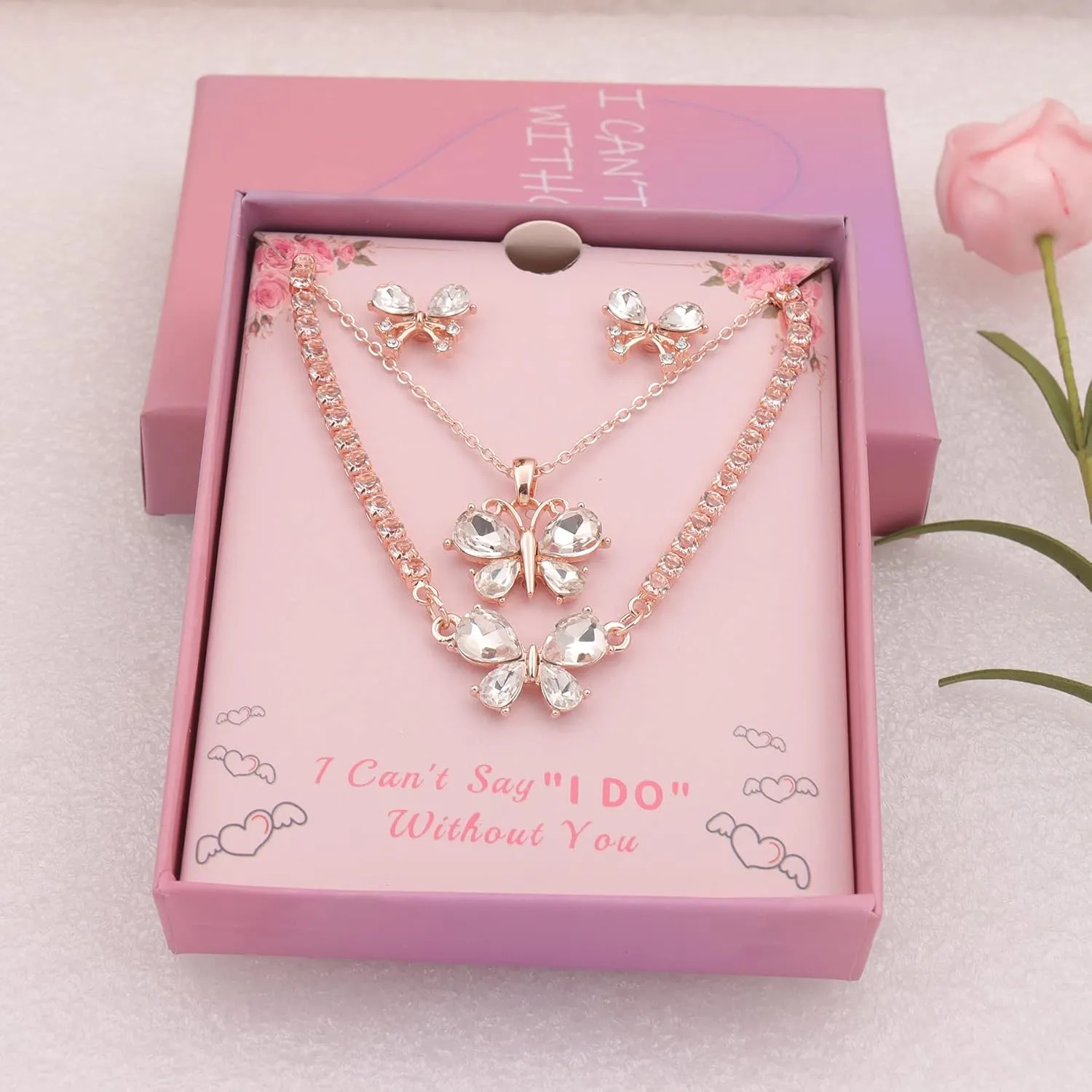 Bridesmaid Jewelry Set for Women 18K Gold & Silver & Rose Gold Plated Butterfly Pendant Necklace Earrings Bracelet Set,Bridesmaid Gift for Wedding/Proposal/Party/Anniversary