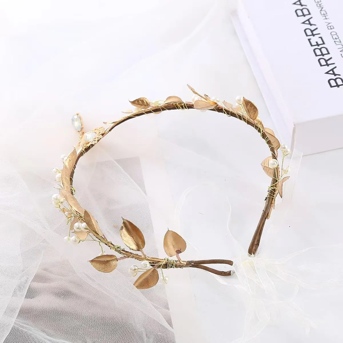 Bubbmi Floral Elf Costume Headband with Pendant Leaves, V-shaped Adjustable Fairy Woodland Hairband with for Wedding Bridal Women Girls (Golden2)