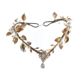 Bubbmi Floral Elf Costume Headband with Pendant Leaves, V-shaped Adjustable Fairy Woodland Hairband with for Wedding Bridal Women Girls (Golden2)
