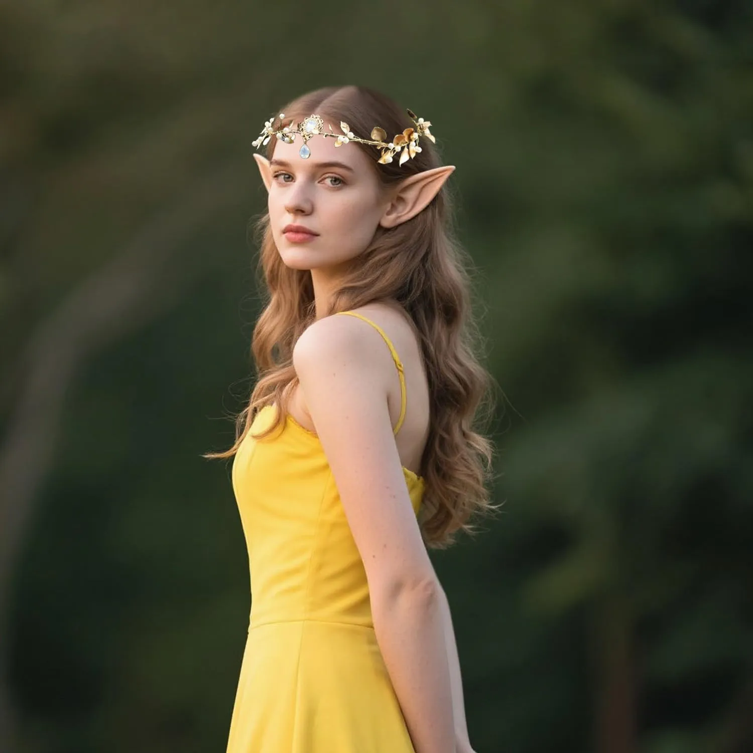 Bubbmi Floral Elf Costume Headband with Pendant Leaves, V-shaped Adjustable Fairy Woodland Hairband with for Wedding Bridal Women Girls (Golden2)