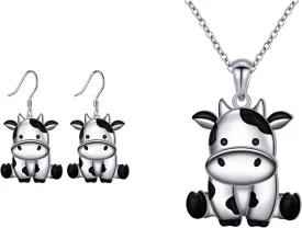 Cow Shaped Jewelry Set, Pendant Necklace and Earrings, Silver Tone