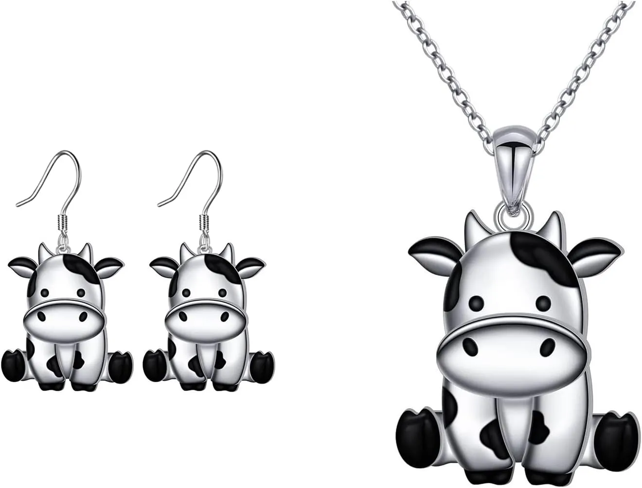 Cow Shaped Jewelry Set, Pendant Necklace and Earrings, Silver Tone