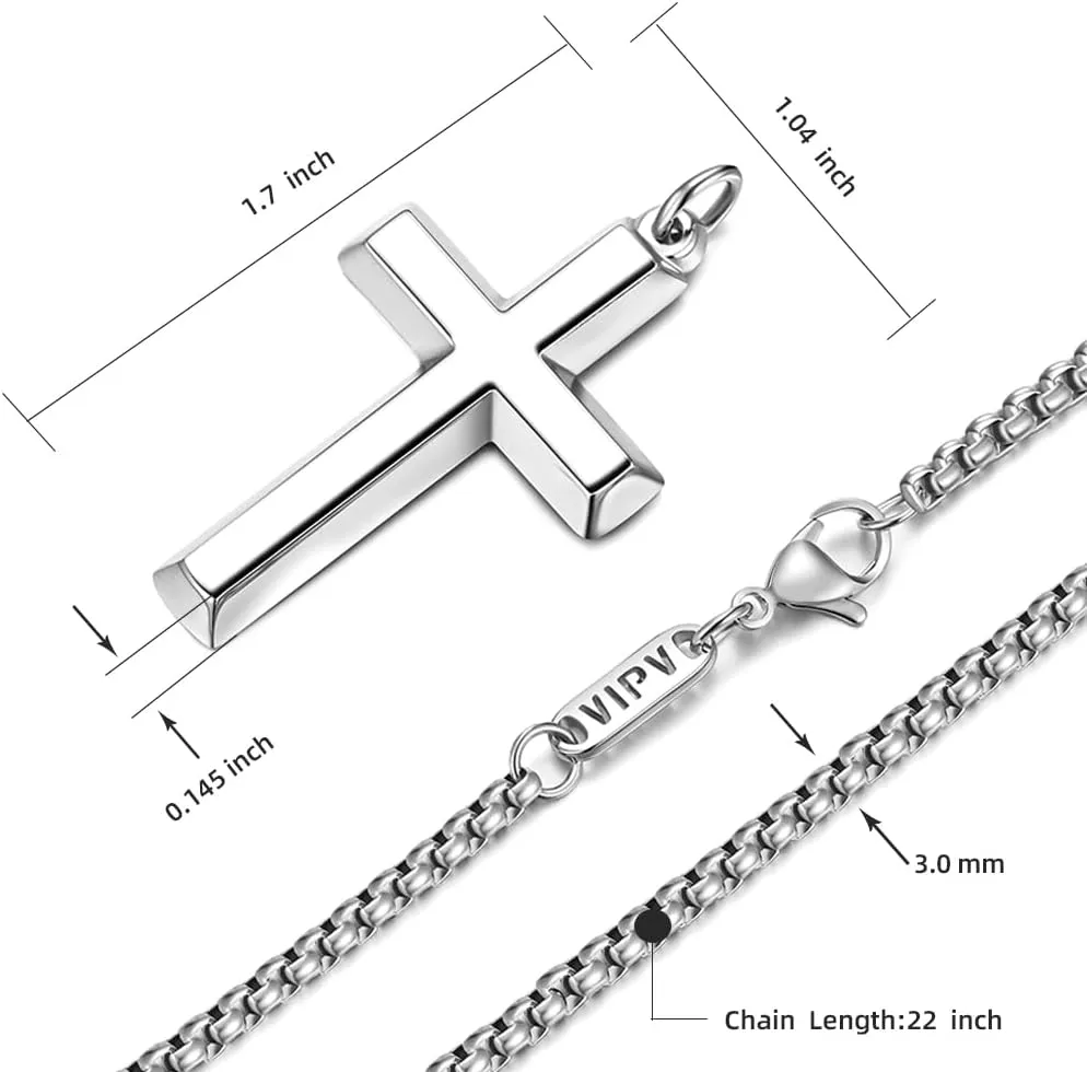 Cross Necklace for Men Silver Gold Black Stainless Steel Beveled Edge Cross Chain Pendant Christian Necklace for Men Crucifix Pendant Box Chain Length 22 Inch