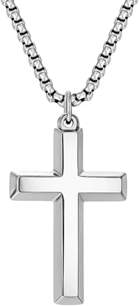 Cross Necklace for Men Silver Gold Black Stainless Steel Beveled Edge Cross Chain Pendant Christian Necklace for Men Crucifix Pendant Box Chain Length 22 Inch