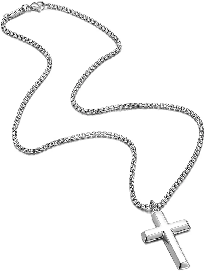 Cross Necklace for Men Silver Gold Black Stainless Steel Beveled Edge Cross Chain Pendant Christian Necklace for Men Crucifix Pendant Box Chain Length 22 Inch