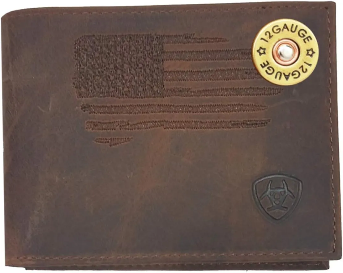 Custom 12 Gauge Shotgun ARIAT Faded Flag Bifold Leather Wallet