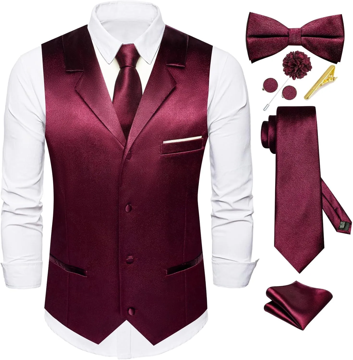 Dubulle Mens Satin Vest and Tie Solid Suit Waistcoat and Pre-tied Bowtie Set for Men Lapel Pin Wedding Party