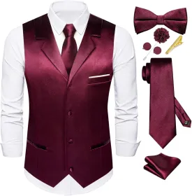 Dubulle Mens Satin Vest and Tie Solid Suit Waistcoat and Pre-tied Bowtie Set for Men Lapel Pin Wedding Party
