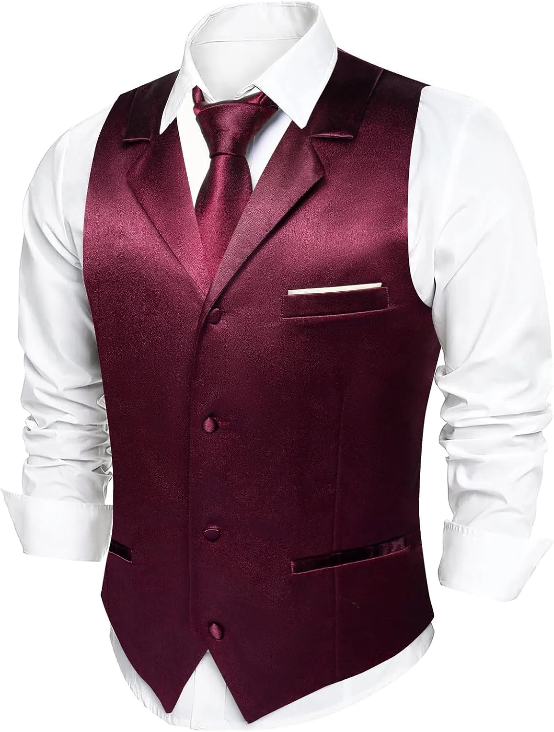 Dubulle Mens Satin Vest and Tie Solid Suit Waistcoat and Pre-tied Bowtie Set for Men Lapel Pin Wedding Party