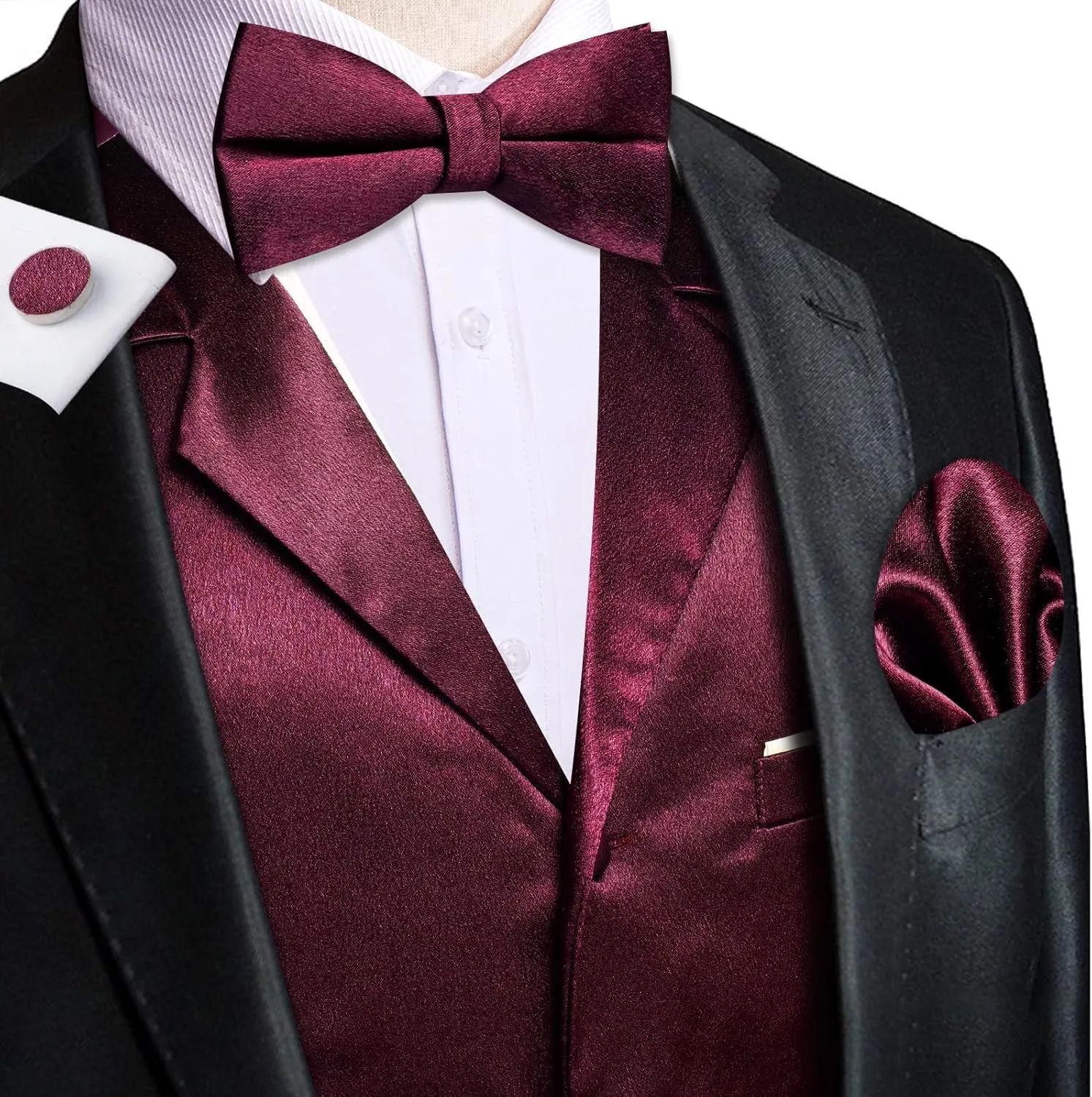 Dubulle Mens Satin Vest and Tie Solid Suit Waistcoat and Pre-tied Bowtie Set for Men Lapel Pin Wedding Party