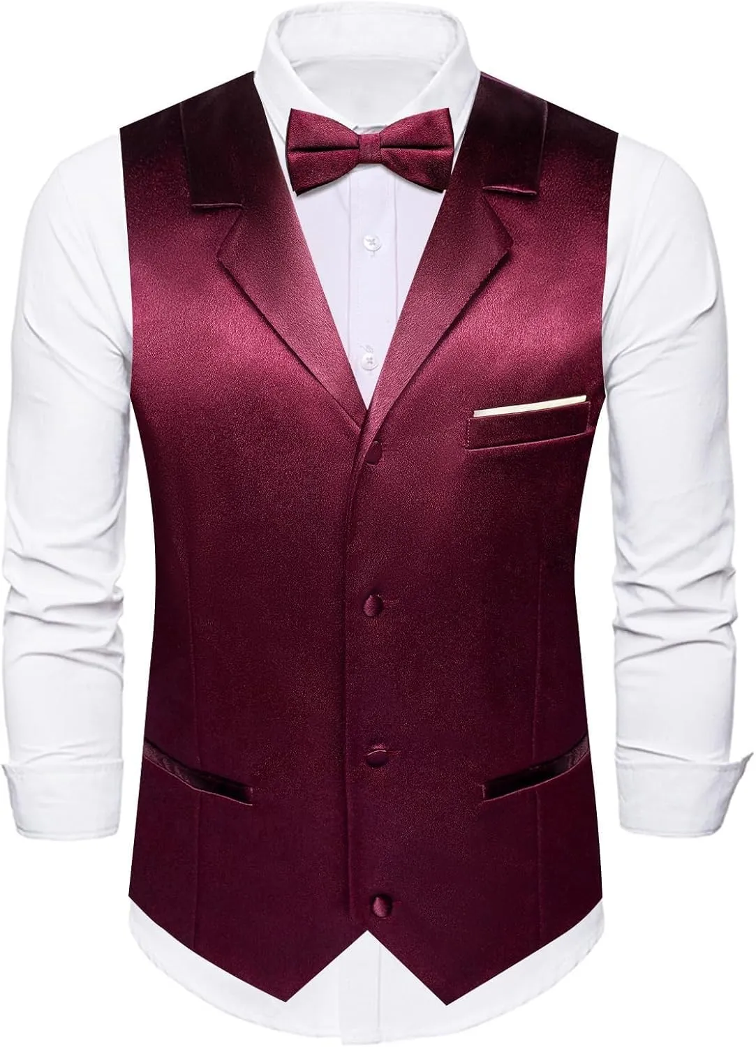 Dubulle Mens Satin Vest and Tie Solid Suit Waistcoat and Pre-tied Bowtie Set for Men Lapel Pin Wedding Party