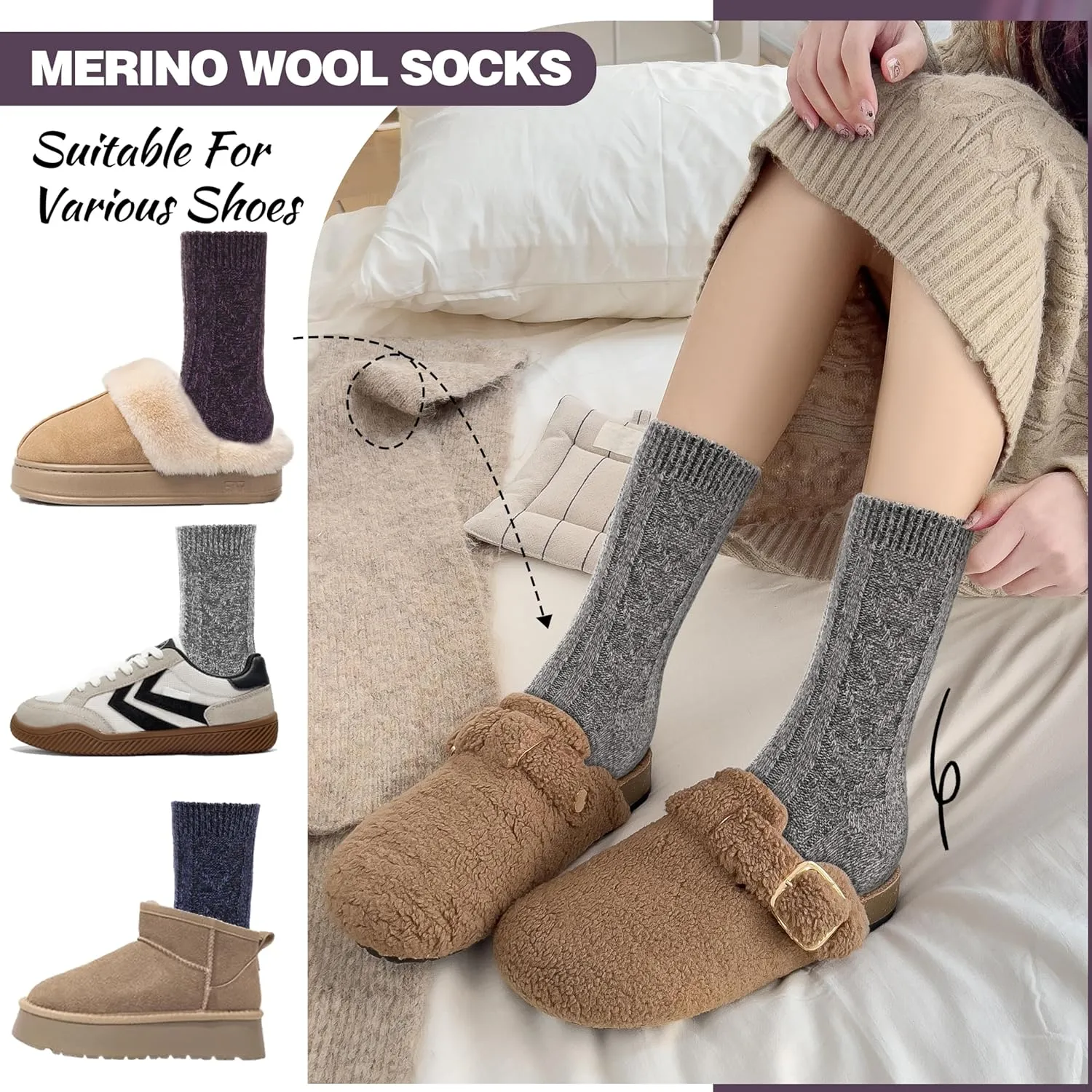 EBMORE 5 Pairs Merino Wool Socks for Women Thermal Warm Thick Winter Hiking Knit Cozy Crew Duty Work Soft Socks for Ladies
