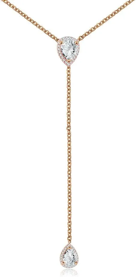 espere CZ Pear Drop Lariat Necklace 16" with 2.75" Y Drop Adjustable, 3 Colors Available