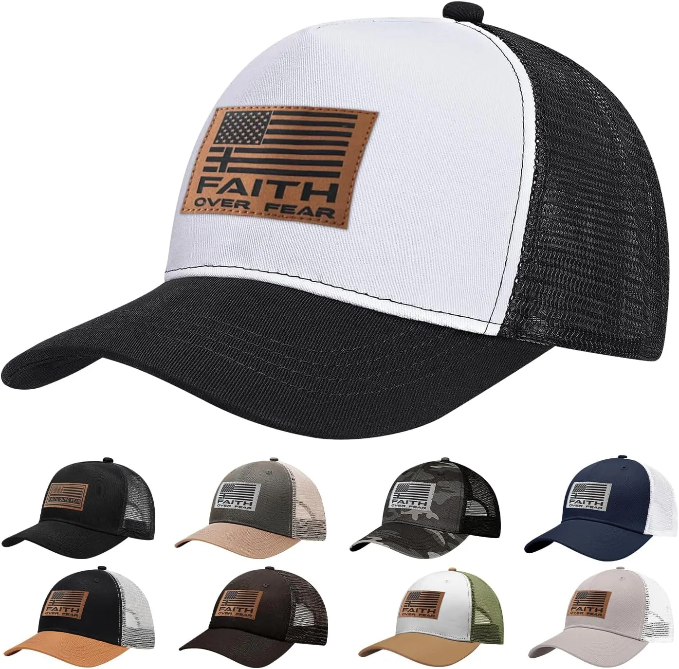 Faith Over Fear Hat with Leather Baseball Cap for Men Boy Gifts for Dad Cross Hats Christian Trucker Caps