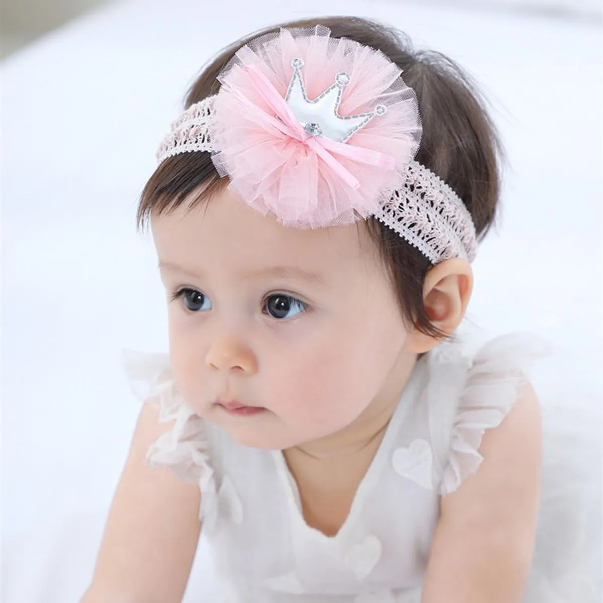 Floral Lace Hair Bow for Baby Girls Soft Stretch Headband for Newborns to Toddlers Baby Shower Birthday Hair Band 0-36 Months (Pink crown, Free)