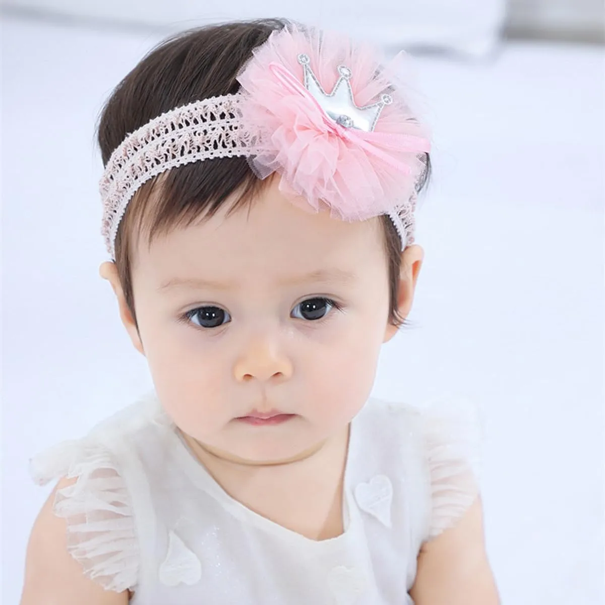 Floral Lace Hair Bow for Baby Girls Soft Stretch Headband for Newborns to Toddlers Baby Shower Birthday Hair Band 0-36 Months (Pink crown, Free)