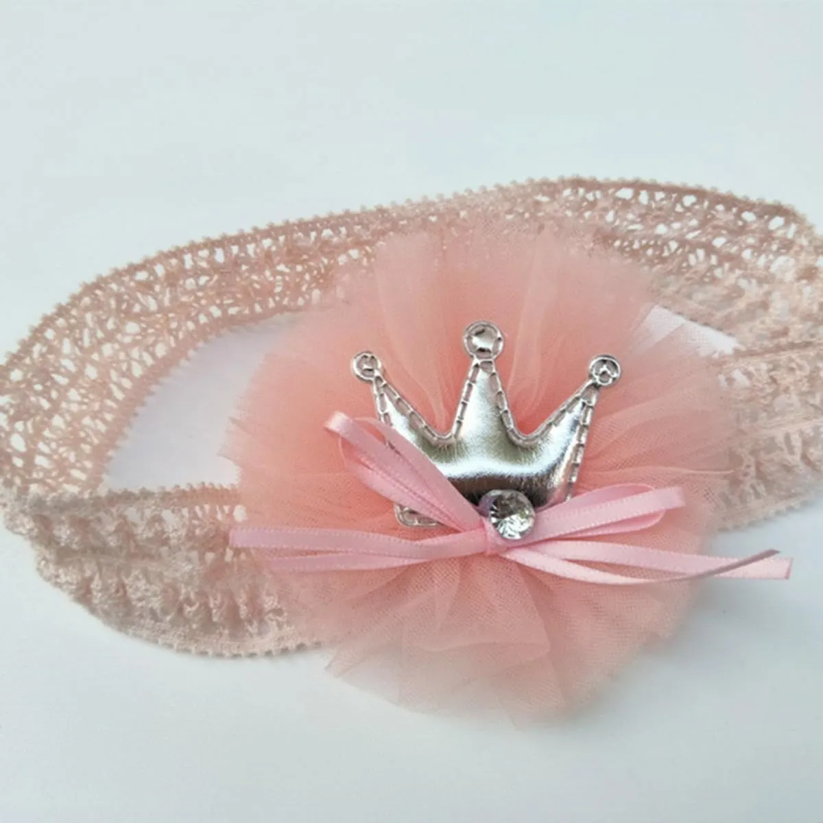 Floral Lace Hair Bow for Baby Girls Soft Stretch Headband for Newborns to Toddlers Baby Shower Birthday Hair Band 0-36 Months (Pink crown, Free)