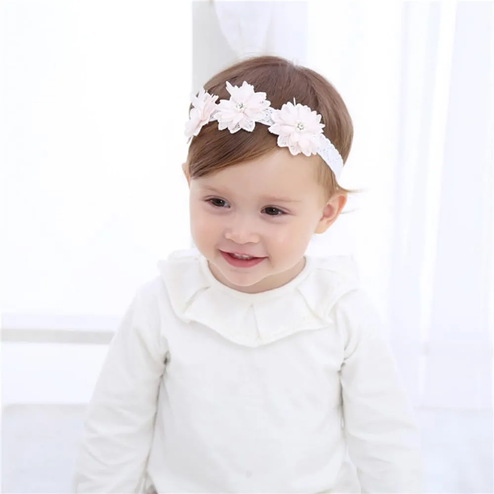 Floral Lace Hair Bow for Baby Girls Soft Stretch Headband for Newborns to Toddlers Baby Shower Birthday Hair Band 0-36 Months (Pink pearl, Free)