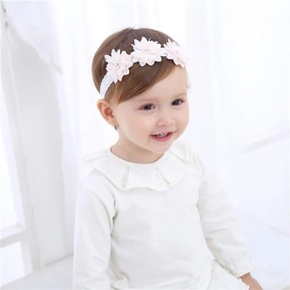 Floral Lace Hair Bow for Baby Girls Soft Stretch Headband for Newborns to Toddlers Baby Shower Birthday Hair Band 0-36 Months (Pink pearl, Free)