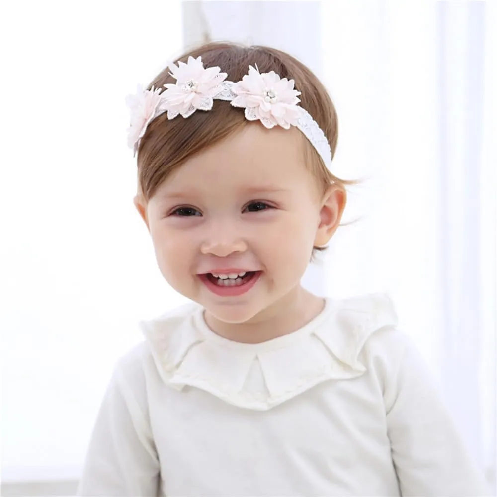 Floral Lace Hair Bow for Baby Girls Soft Stretch Headband for Newborns to Toddlers Baby Shower Birthday Hair Band 0-36 Months (Pink pearl, Free)