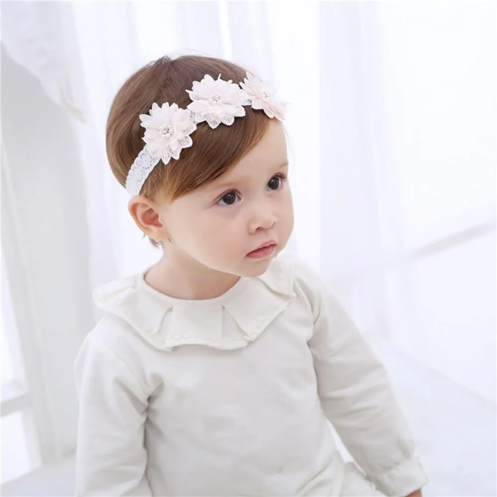 Floral Lace Hair Bow for Baby Girls Soft Stretch Headband for Newborns to Toddlers Baby Shower Birthday Hair Band 0-36 Months (Pink pearl, Free)