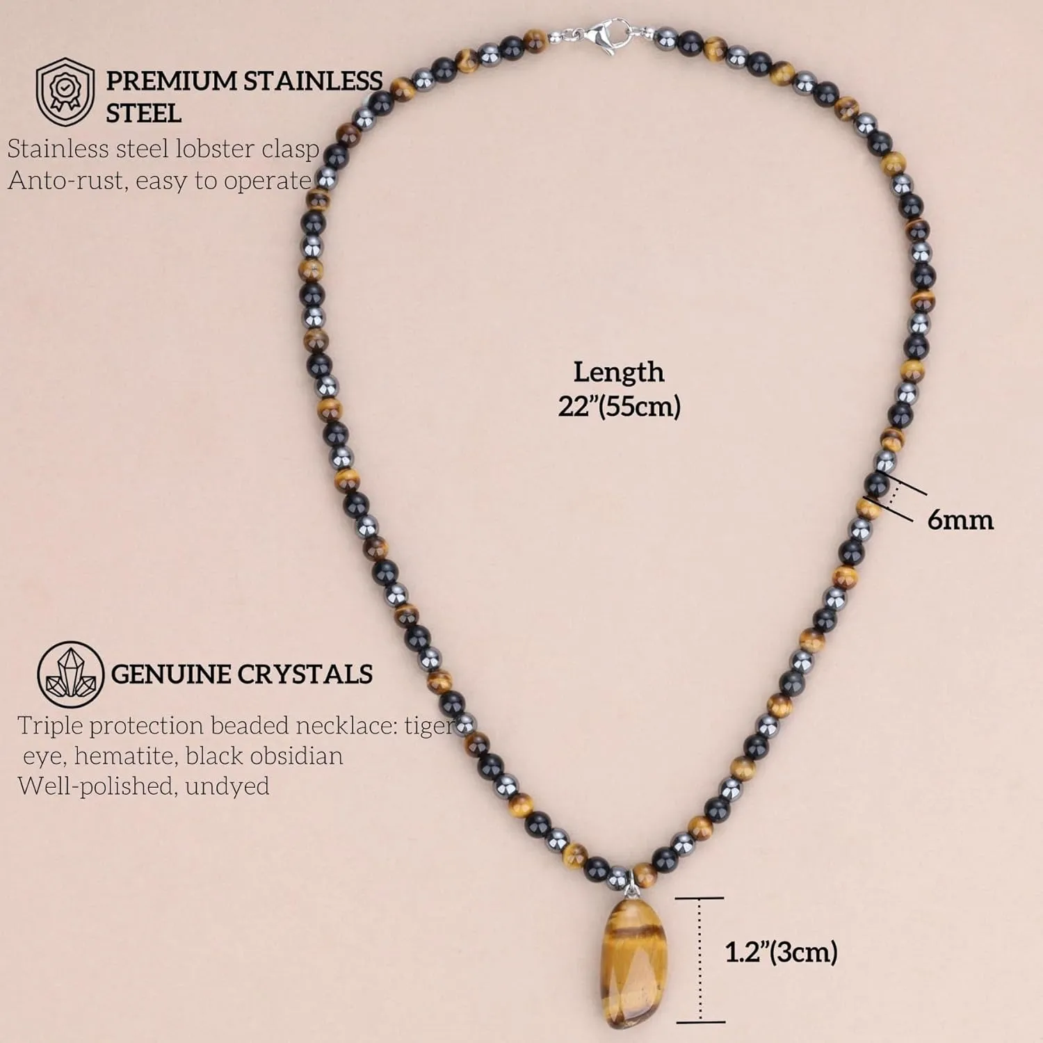 GAVU Triple Protection Beaded Necklace - Men's Life Tree Beaded Hematite Tiger Eye Obsidian Necklace