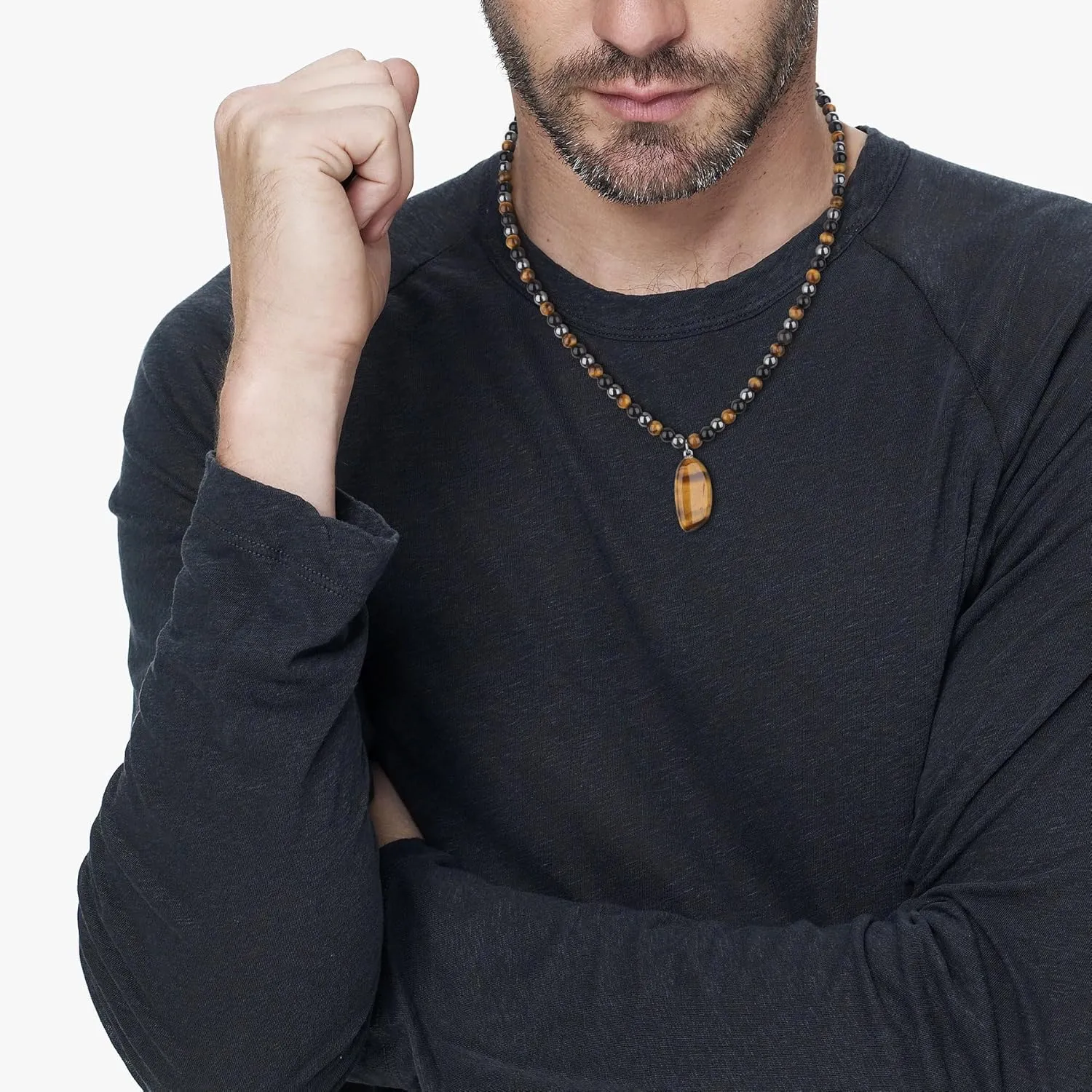 GAVU Triple Protection Beaded Necklace - Men's Life Tree Beaded Hematite Tiger Eye Obsidian Necklace