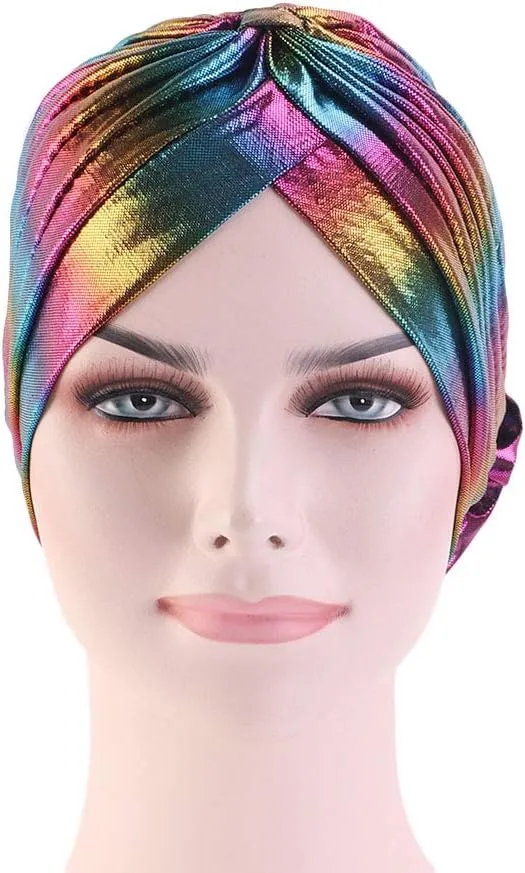 Glitter Laser Flower Turban Colourful Beanie Cap Stretchy Hair Wrap for Women