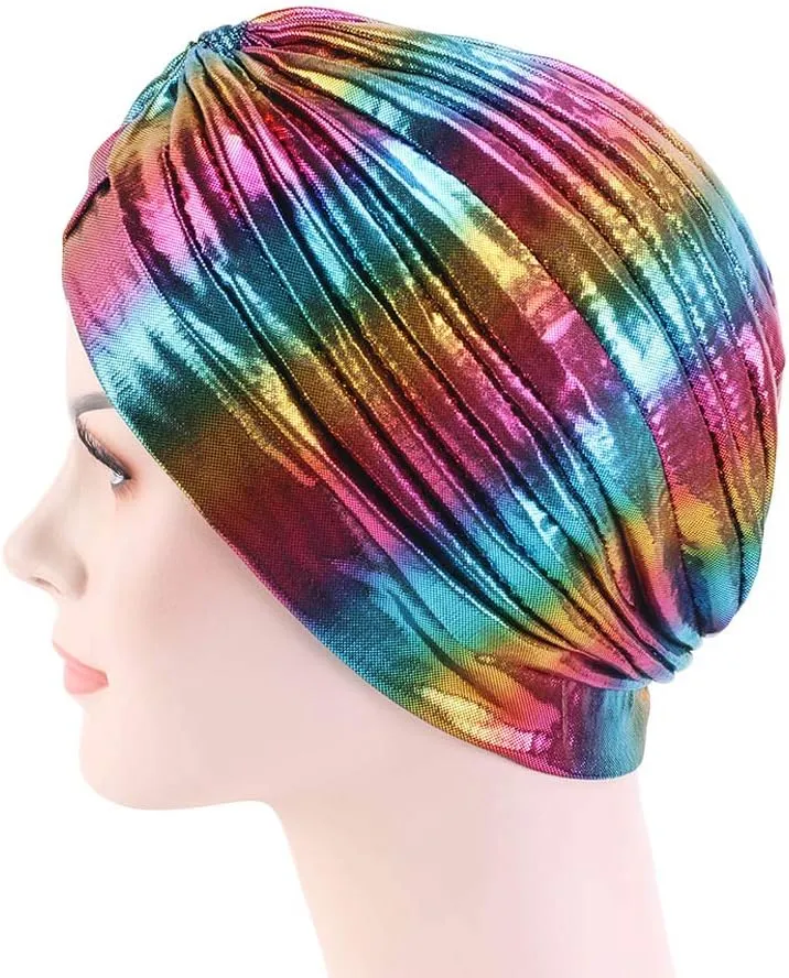 Glitter Laser Flower Turban Colourful Beanie Cap Stretchy Hair Wrap for Women