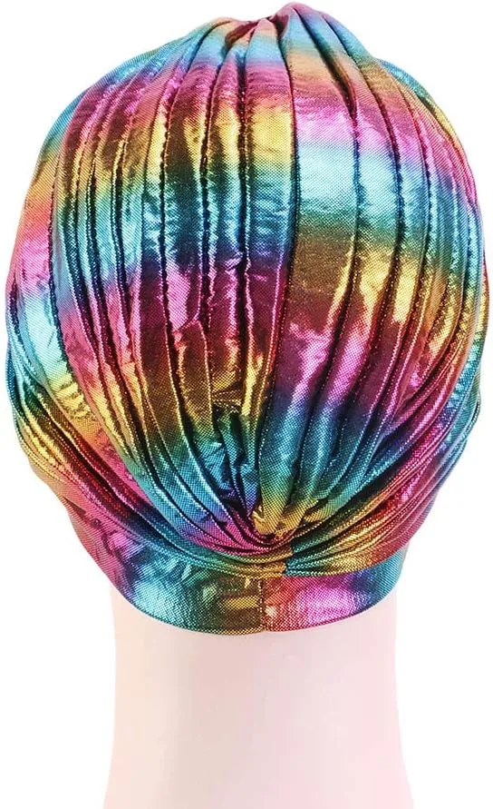 Glitter Laser Flower Turban Colourful Beanie Cap Stretchy Hair Wrap for Women