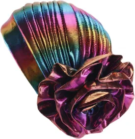 Glitter Laser Flower Turban Colourful Beanie Cap Stretchy Hair Wrap for Women