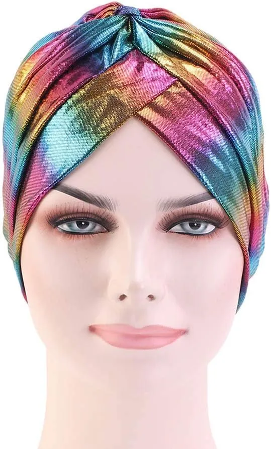 Glitter Laser Flower Turban Colourful Beanie Cap Stretchy Hair Wrap for Women