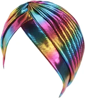 Glitter Laser Flower Turban Colourful Beanie Cap Stretchy Hair Wrap for Women