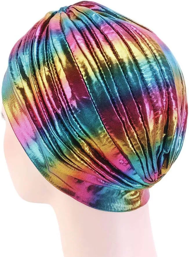 Glitter Laser Flower Turban Colourful Beanie Cap Stretchy Hair Wrap for Women