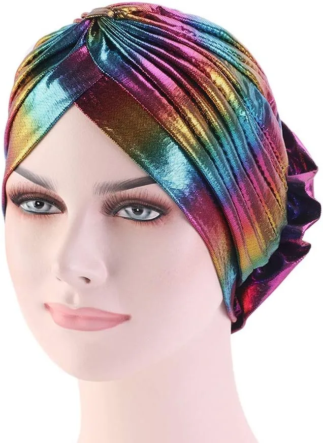 Glitter Laser Flower Turban Colourful Beanie Cap Stretchy Hair Wrap for Women