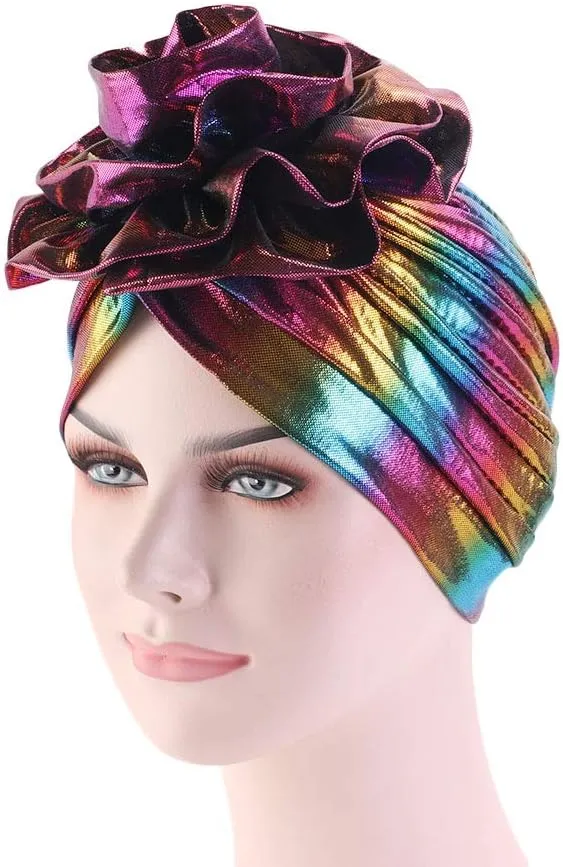 Glitter Laser Flower Turban Colourful Beanie Cap Stretchy Hair Wrap for Women
