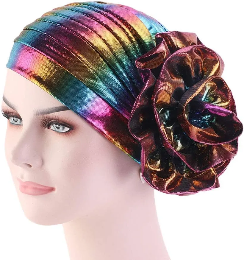 Glitter Laser Flower Turban Colourful Beanie Cap Stretchy Hair Wrap for Women