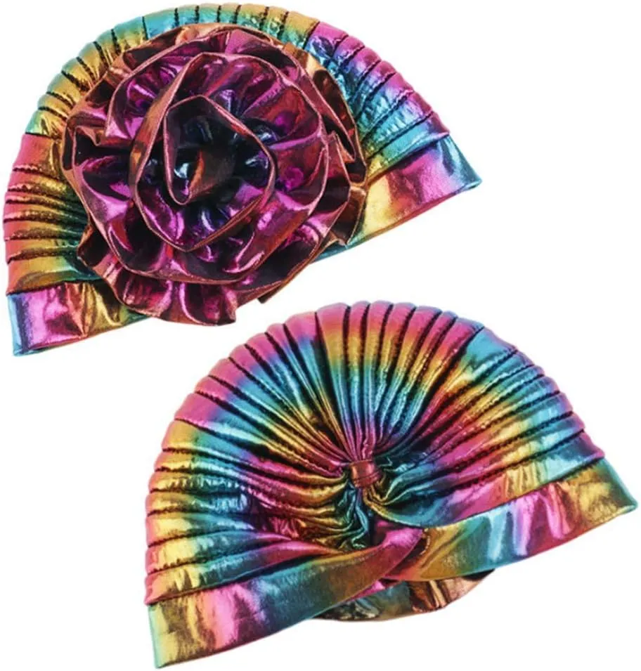 Glitter Laser Flower Turban Colourful Beanie Cap Stretchy Hair Wrap for Women