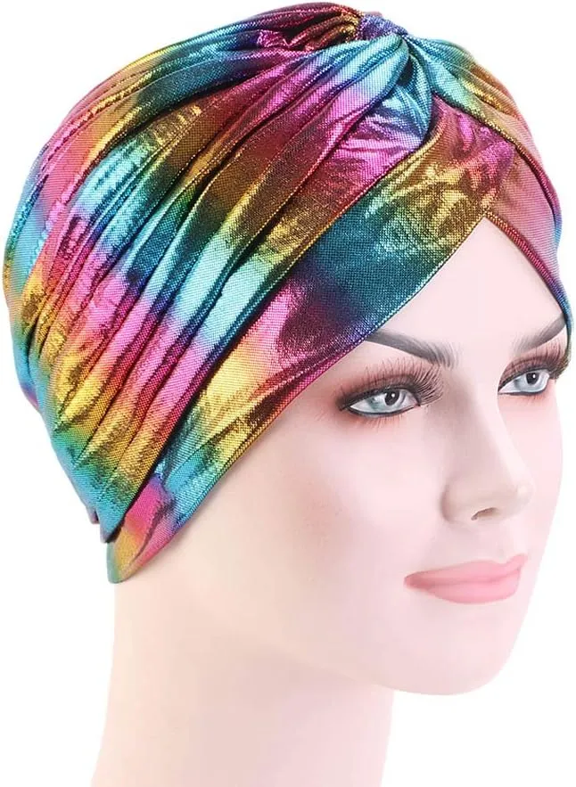 Glitter Laser Flower Turban Colourful Beanie Cap Stretchy Hair Wrap for Women
