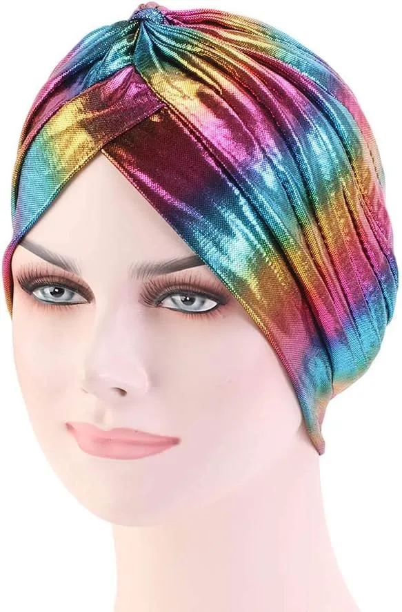Glitter Laser Flower Turban Colourful Beanie Cap Stretchy Hair Wrap for Women