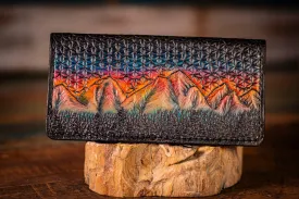 Handcrafted Long Leather Wallet - Freehand Carved Mountain Scene with Flower of Life Sunset