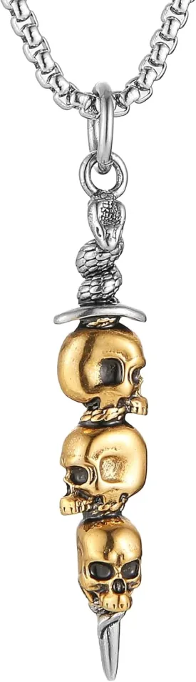 HZMAN Skull Necklace for Men Biker Stainless Steel Gothic Skull Heads Spike Awl Pendant Halloween Jewelry Gift