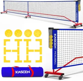 KASCEN Portable Pickleball Net for Driveway - 22FT Regulation Size Pickleball Nets with Wheels, Court Markers, Ball Holder, Carry Bag, 4 Pickleballs Indoor and Outdoor