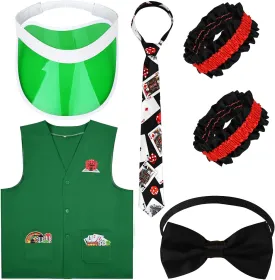 Kavoc 6 Pcs Casino Dealer Costume Set Dealing Visor Hat Vest Bowtie Armband Poker Necktie for Adults Las Vegas Game Night Party