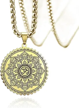 Lotus Flower Necklace for Men Women Om Ohm Symbol Yoga Buddhist Pendant Stainless Steel Vintage Mandala Pendant Necklace Spiritual Jewelry Gift