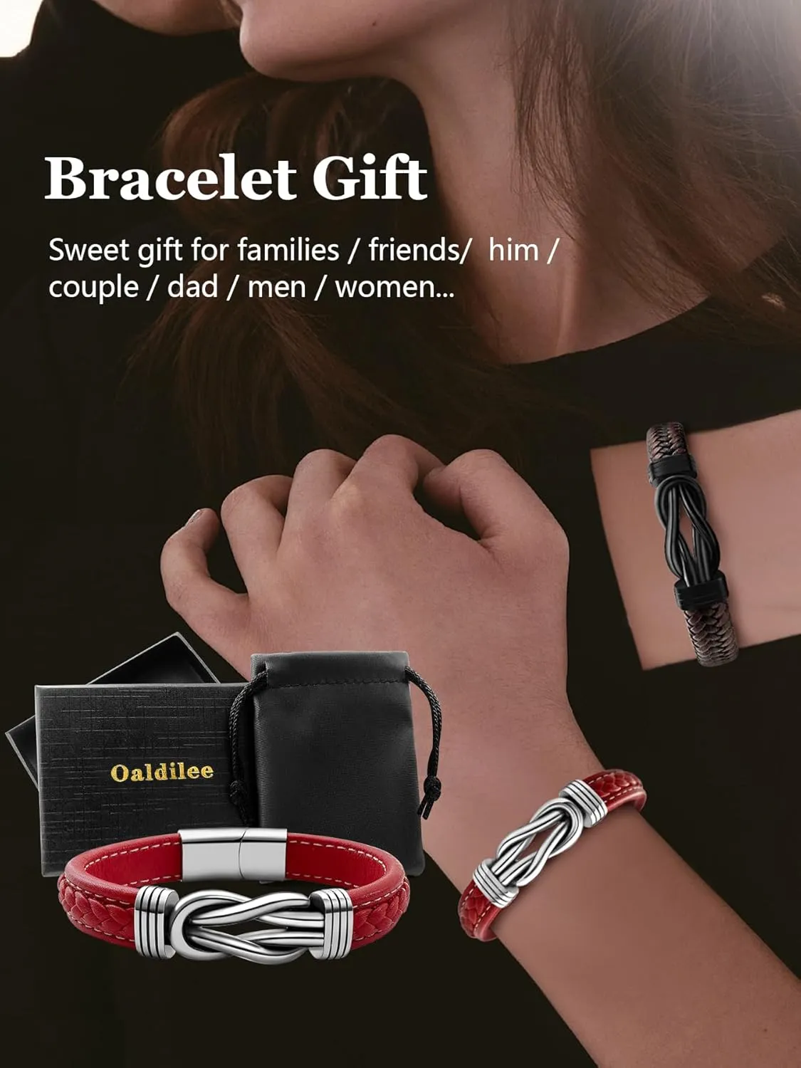 Mens Black Braided Leather Bracelet, Green/Red/Brown/Black Braided Leather Infinity Knot Bracelets for Men with Stainless Steel Clasp, 7.5/8.5/9in Length