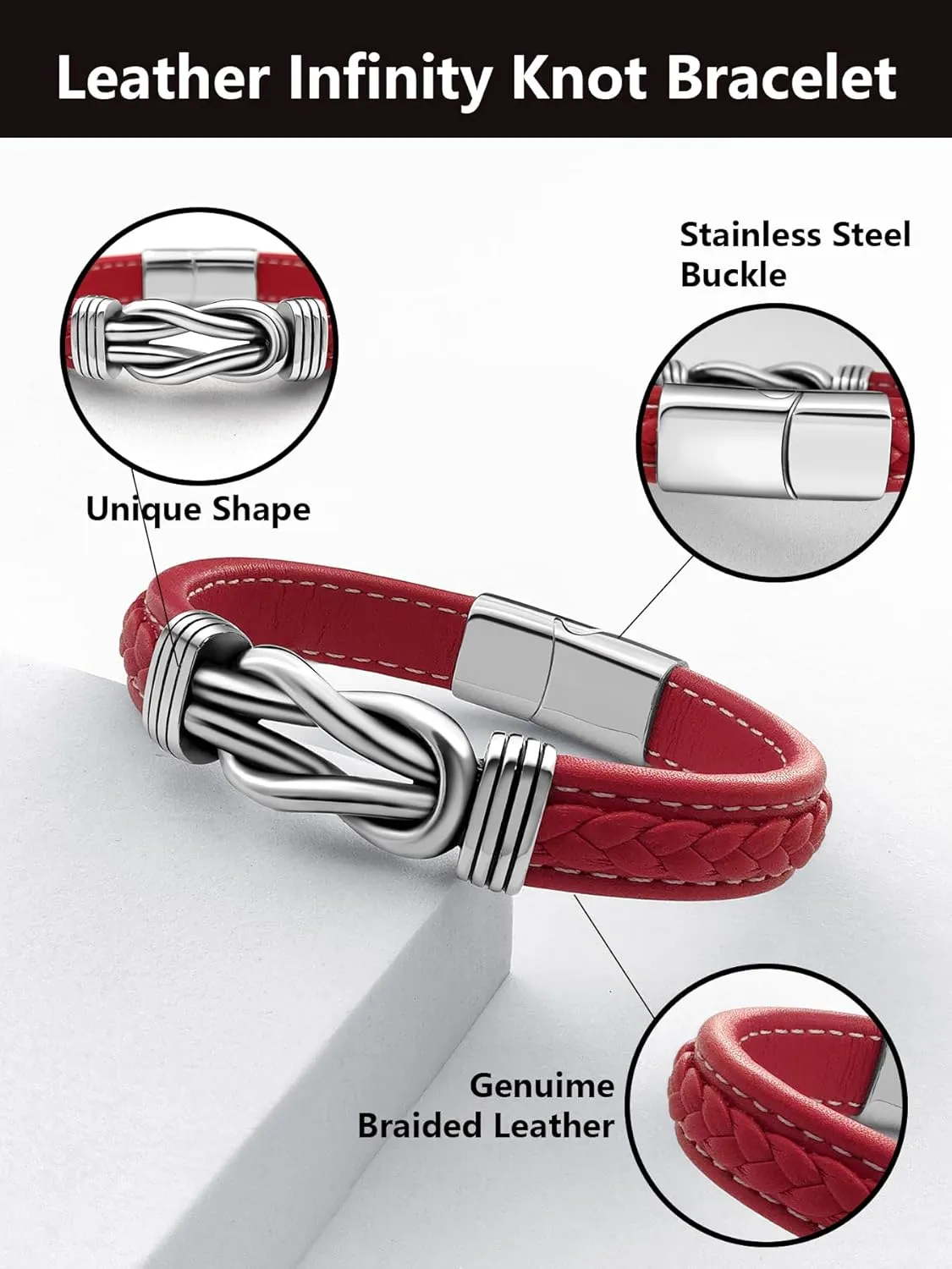 Mens Black Braided Leather Bracelet, Green/Red/Brown/Black Braided Leather Infinity Knot Bracelets for Men with Stainless Steel Clasp, 7.5/8.5/9in Length